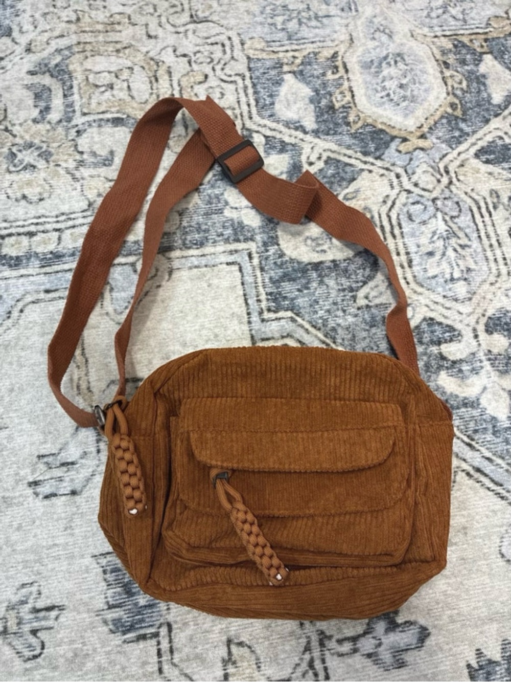 Brown corduroy boho crossbody bag with tassels